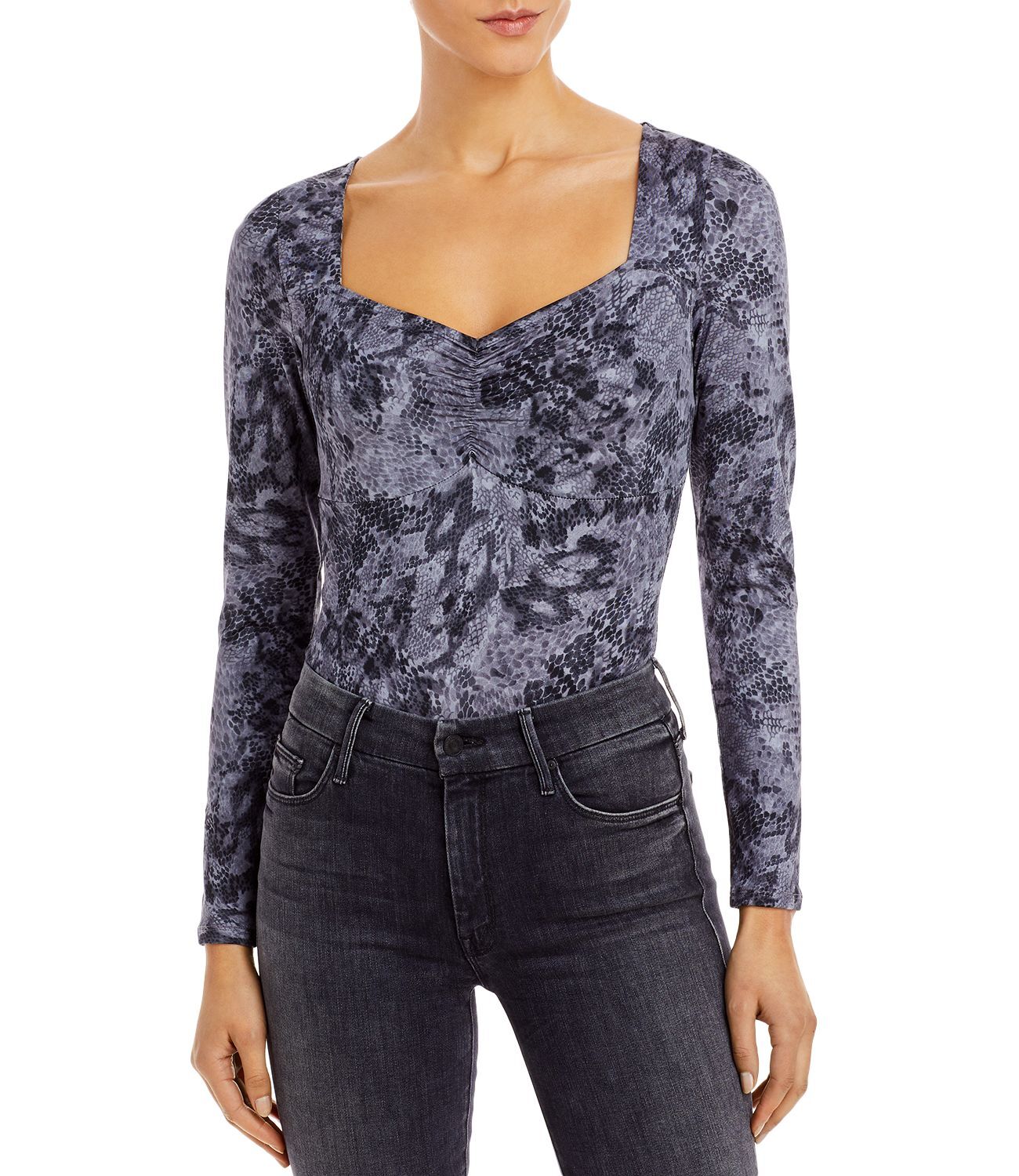 Aqua 284370 Womens Snake Print Sweetheart Neck Bodysuit Gray XS