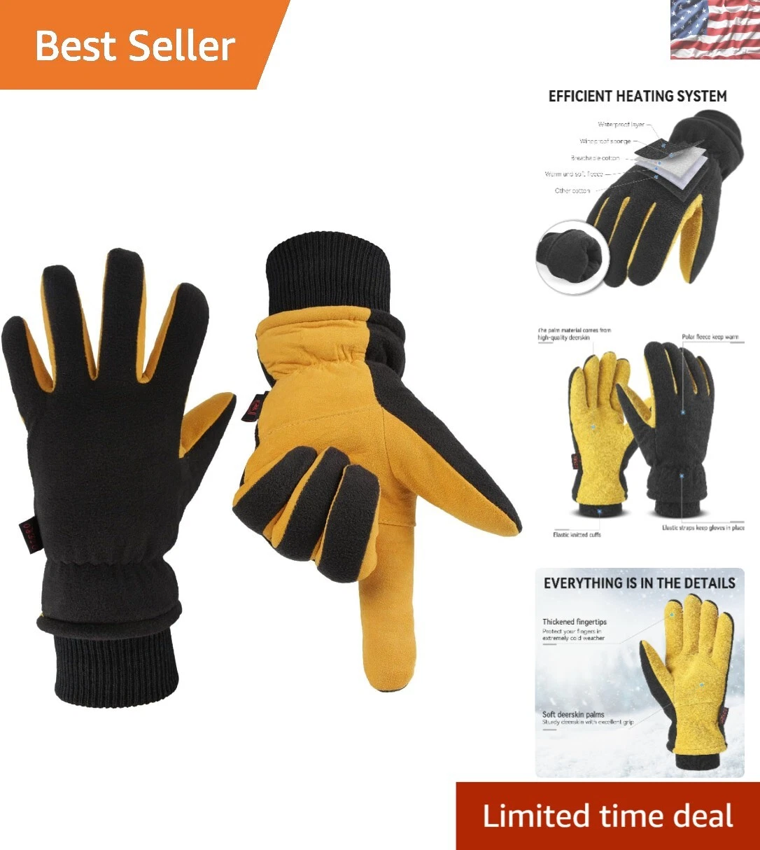 Heatlok Insulated Deerskin Gloves -40°F Windproof & Waterproof for Winter Sports