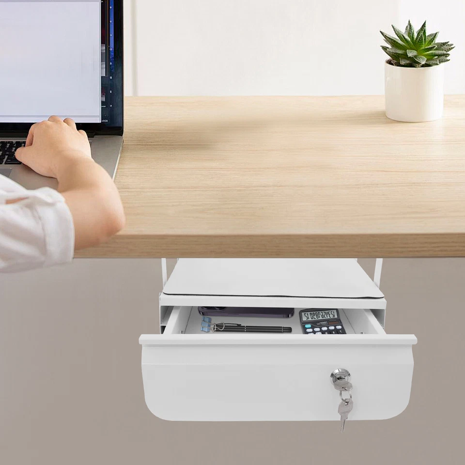Выдвижной выдвижной ящик 13 дюймов под стол запираемый выдвижной ящик для хранения белый с замком - Изображение 2 из 4