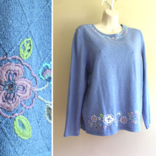 Vintage Whimsical Alfred Dunner M Blue Sweater Floral Embroidered Cotton LS