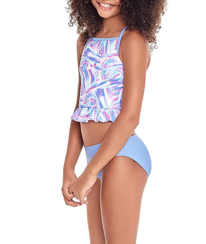 GLITTER BEACH Big Girls Tankini Set with Peplum, 2 Piece Blue Size 7 - Picture 2 of 3