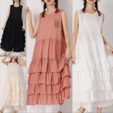Lady Midi Layered Tank Dress Tiered Sleeveless Cotton Loose Casual Embroidery