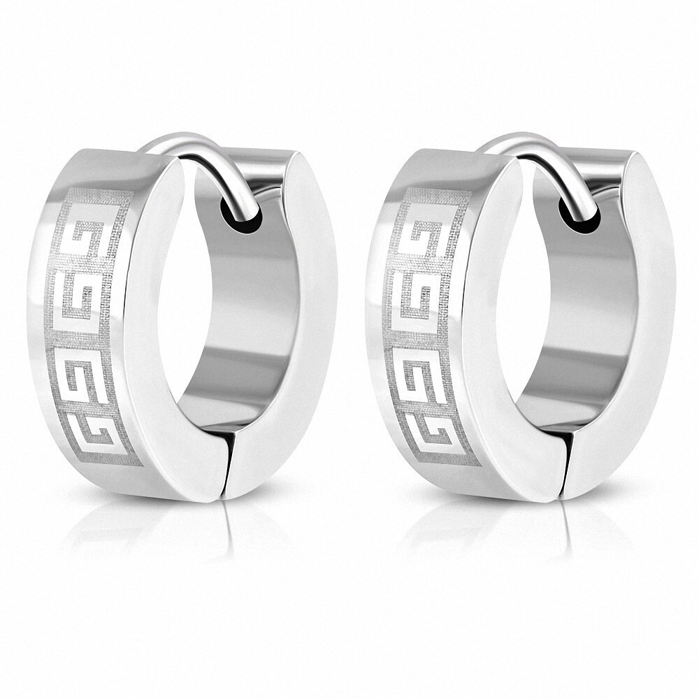 Huggie Earrings 5/32in Stainless Steel Greek Key Design Pair