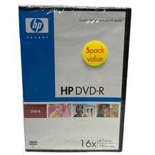 5 Pack HP Invent HP DVD  R Media 16X 4.7 GB Data 120 min Video,Plastic Case,New