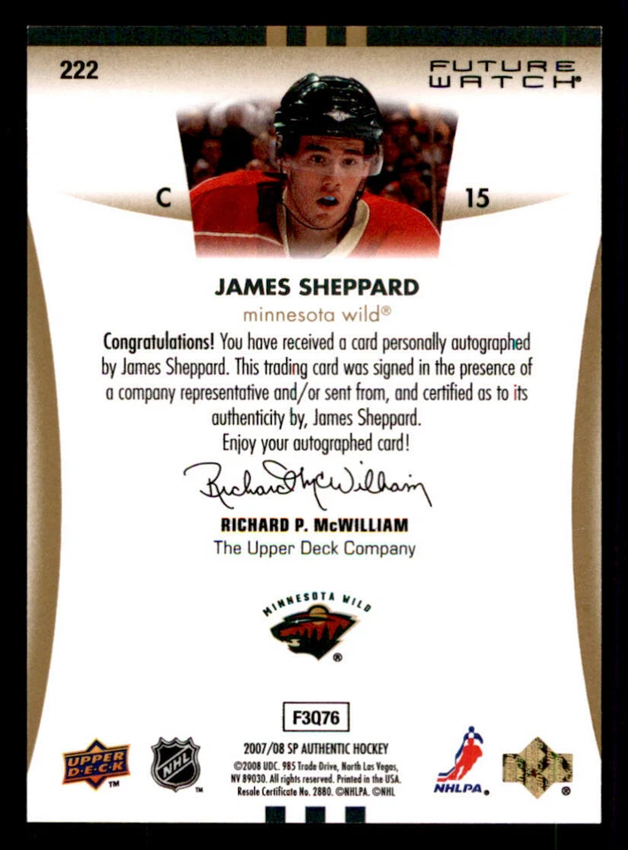 2007-08 SP Authentic #222 James Sheppard AU RC /999 (ref 240008) - Image 2 of 2