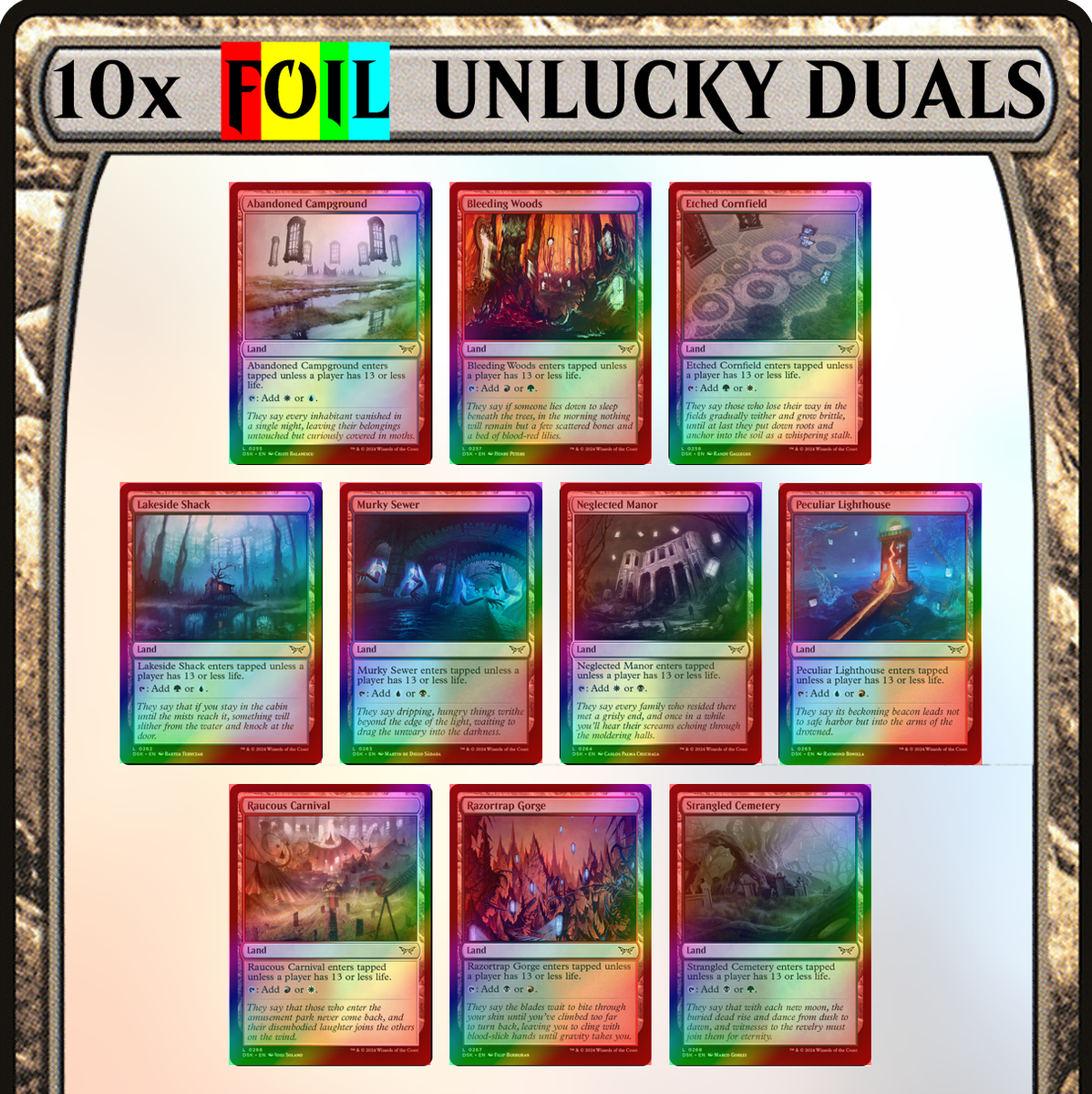 10x UNLUCKY FOIL Dual Lands UNTAPPED 2-Color 13 Life Duskmourn MTG