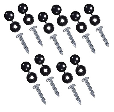 10pc Number Plate Self Tapping Screws With Black Hinged Caps