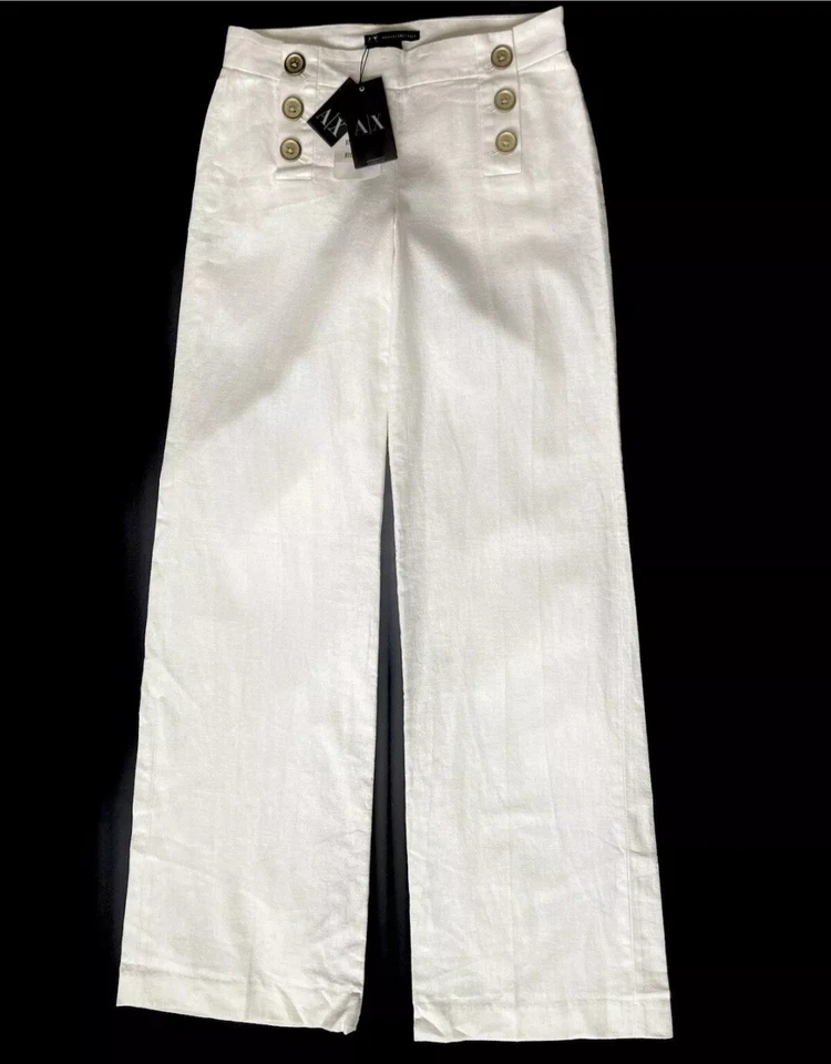 NUEVO Pantalones de vestir para mujer Armani Exchange talla P0 pierna ancha mezcla de lino marfil
