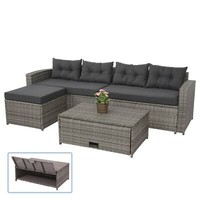Sitzgruppe HWC-J34, Poly-Rattan Garnitur, Staufach, Grau, Kissen Dunkelgrau