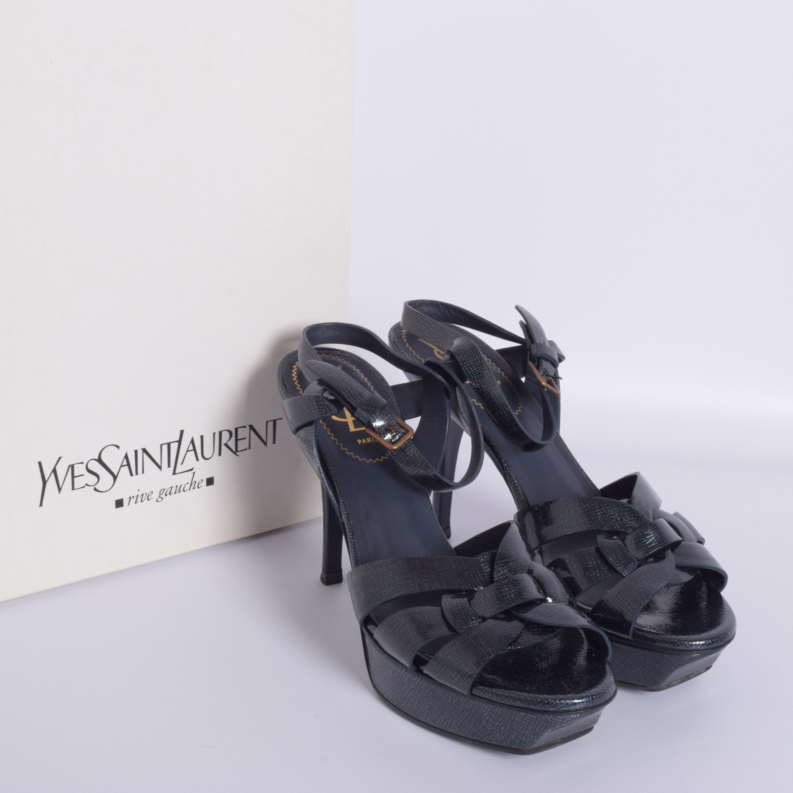 Yves Saint Laurent sandali donna neri pelle tacco alto cinturino scarpe tg EUR 37