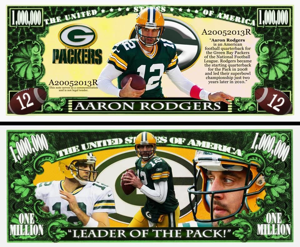 Aaron Rodgers Million Dollar Bill Play Funny Money Novelty Note +FREE SLEEV
