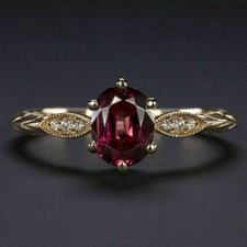 2Ct Oval Cut Red Garnet Solitaire Engagement Woman's Ring 14K Yellow Gold Plated