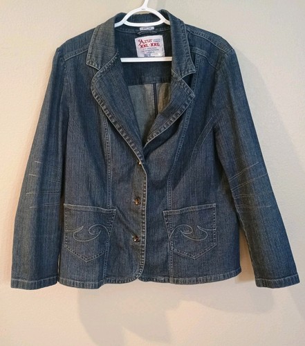Chaqueta de mezclilla azul para mujer Azur elástica bordada bolsillos botón XXL funciona pequeña - Imagen 1 de 13