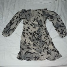 Express Animal Print Chiffon Wrap Mini Dress Ruffle V-Neck Long Sleeve Gray S