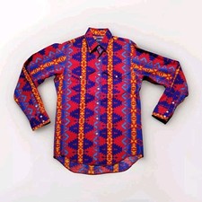 Vintage Wrangler Shirt Mens 15.5 Red Blue Aztec Western Cowboy Cut X Long Tails