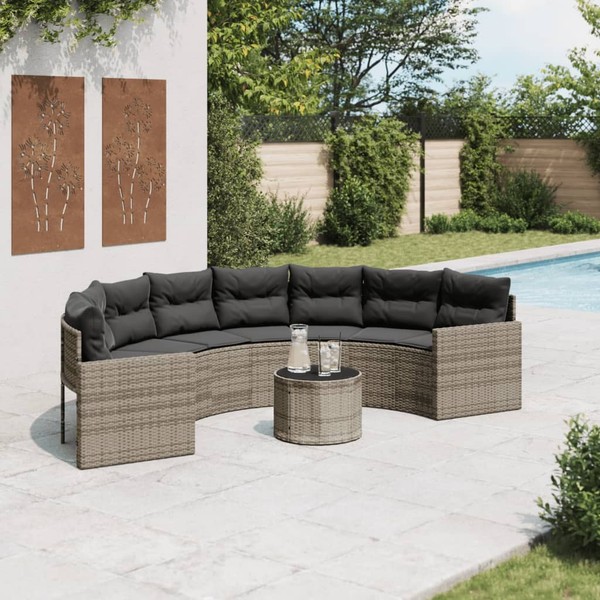 Gartensofa Mit Tisch Und Kissen Halbrund Grau Poly Rattan-image