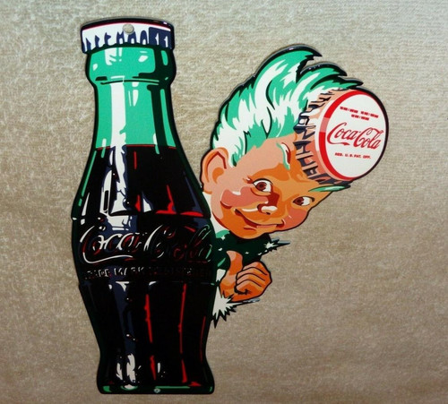 VINTAGE DRINK COCA COLA W/ SPRITE BOY & BOTTLE 12" METAL SODA, GASOLINE OIL SIGN