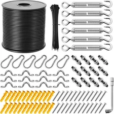 String Light Hanging Kit,164 Ft Nylon Coated Stainless Steel 304 Wire Rope, Stri