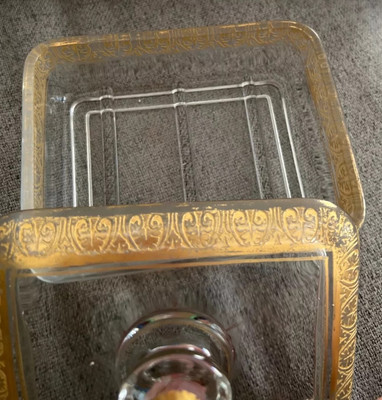 Vintage Small Rectangular Lidded Clear Glass Dish with Gold Ornate Accent Design