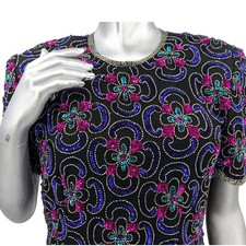 SALE Gorgeous Vintage 1980's Black Silk BEADED SEQUIN TOP Party Evening Wear Exc