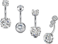 4PCS Belly Button Rings 14G Steel CZ Heart Navel Set Silver