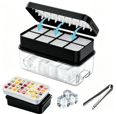 ZEUMIE Ice Cube Tray with Lid and Bin, Trays for Freezer Regular, Black