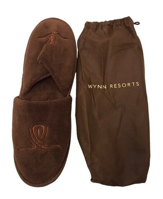 Wynn Encore Las Vegas Luxury Hotel Slippers Brown M/L Bath Spa w/Travel Dust Bag