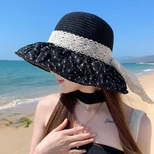 Adjustable Fit Straw Hat with Wide Brim Lace Edging and Bow for Ladies