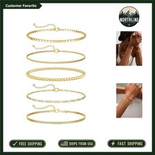 Versatile 5-Piece 14K Gold Plated Bracelet Set: Stylish, Non-Tarnish, Adjustable