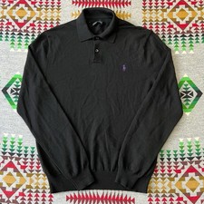 Polo Ralph Lauren Sweater Mens Small Black Merino Wool Collared Long Sleeve B9