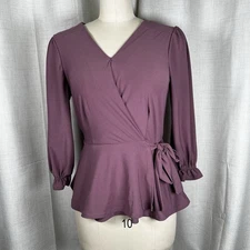 Meraki Women's Size Small Purple Wrap Short Flutter Sleeve Shirt Blouse V Neck