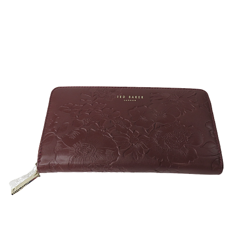 TED BAKER Floral Embossed Leather Zip Around Wallet in Deep Purple