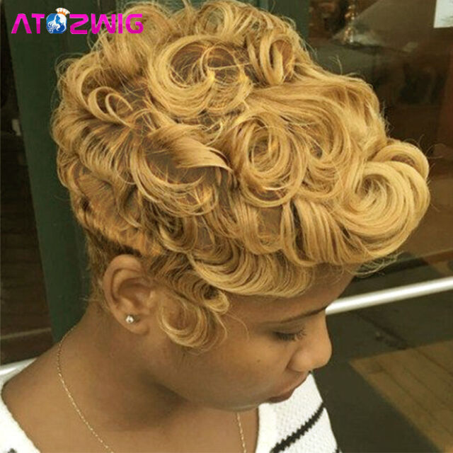 Blonde Short Wavy Wigs for Black Women Synthetic Hair Short Curly Pixie Wig
