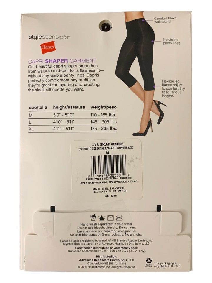 Hanes Stylessentials Capri Shapewear Garment Black Size M Smoothes