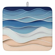Dish Drying Mat for Kitchen Counter Abstract Blue Gradient Ocean Waves Absorb...