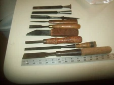 Assortment of 9 Vintage Wood Chisels USA & UK Oak Leaf Witherby Bedford Buck Bro