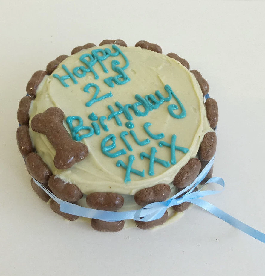 DOG BIRTHDAY CAKE ANY NAME treat puppy food gift party Christmas blue white bone