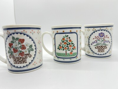 Set Of 3 Sweet Mugs Cottagecore Strawberry Basket Orange Tree Flower Valentines