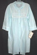 Vintage BARBIZON Nina Coat Robe Blue 100 Cotton Embroidered sz L UNWORN