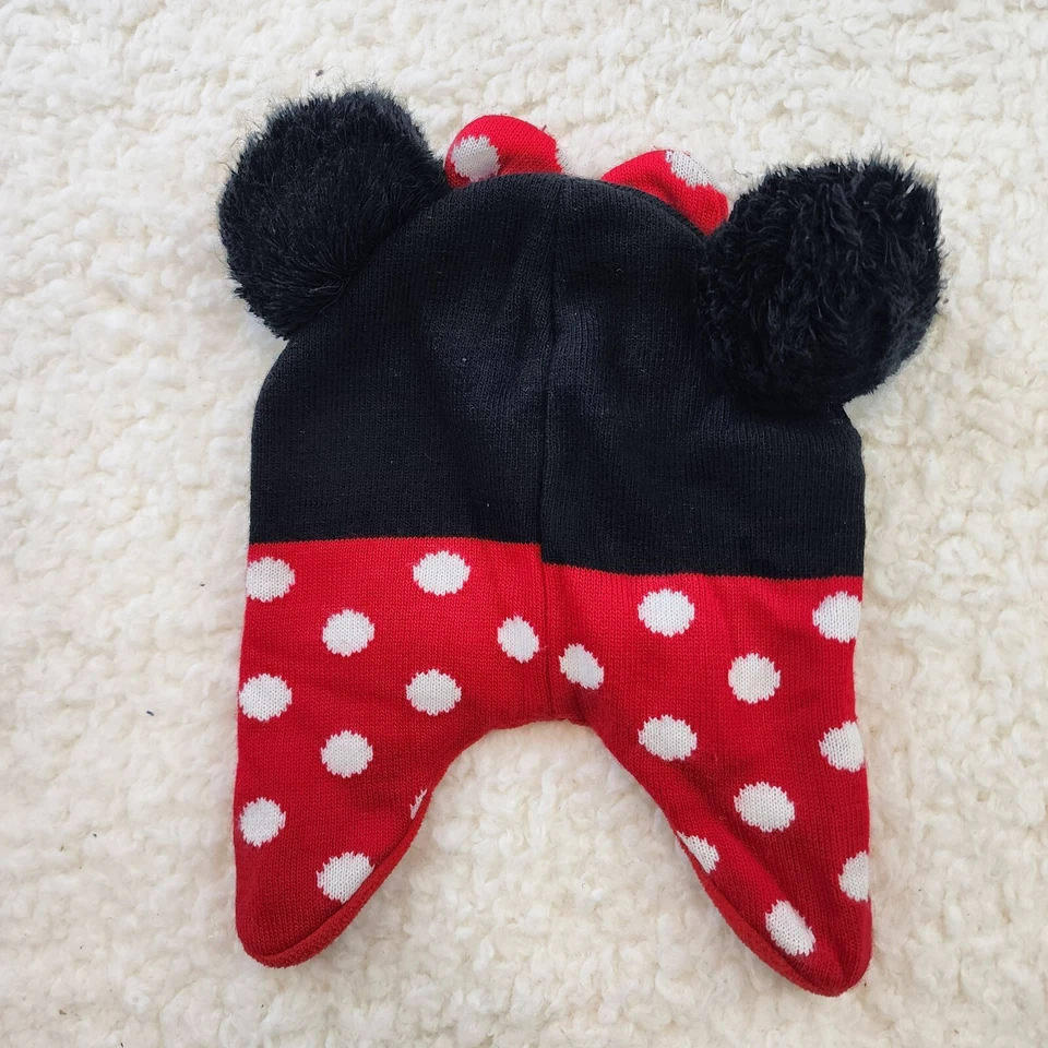 Disney Minnie Mouse Medias Tejido Sombrero Niña 2T-5T Negro Rojo Pompones Orejas Arco Foto 4 de 4