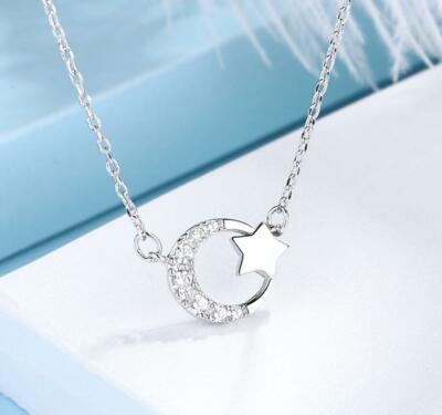 Moon & Star Pave Cubic Zirconia Silver SP Pendant Chain Necklace