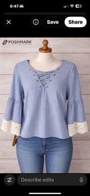Zara Basic Blue White Striped Lace-Up Bell Sleeve Blouse Lace Accents Size M