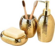 Gold Bathroom Accessory Set - 3 Piece Striped Style Decorative Ceramic Bathroom