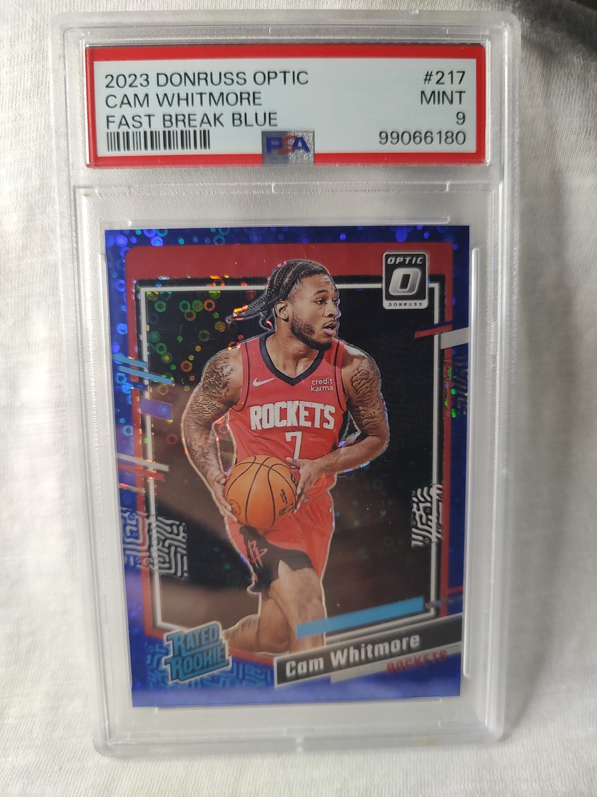 2023-24 Donruss Optic Cam Whitmore #217 Blue Fast Break Prizm /49 (RC) PSA 9