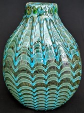 Vtg 70s Hand-Blown Aqua Blue Wave Iridescent Murano Style Venini 10" Glass VASE