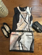 HELMUT LANG Abstract Graphic Mini Dress w/ Leather Belt & Trim USA Made Size 2