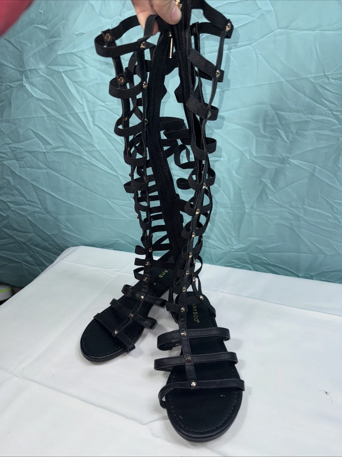 Women Hollow Out Open Toe Knee High Gladiator Sandals Boots Rivet Shoes Size 7