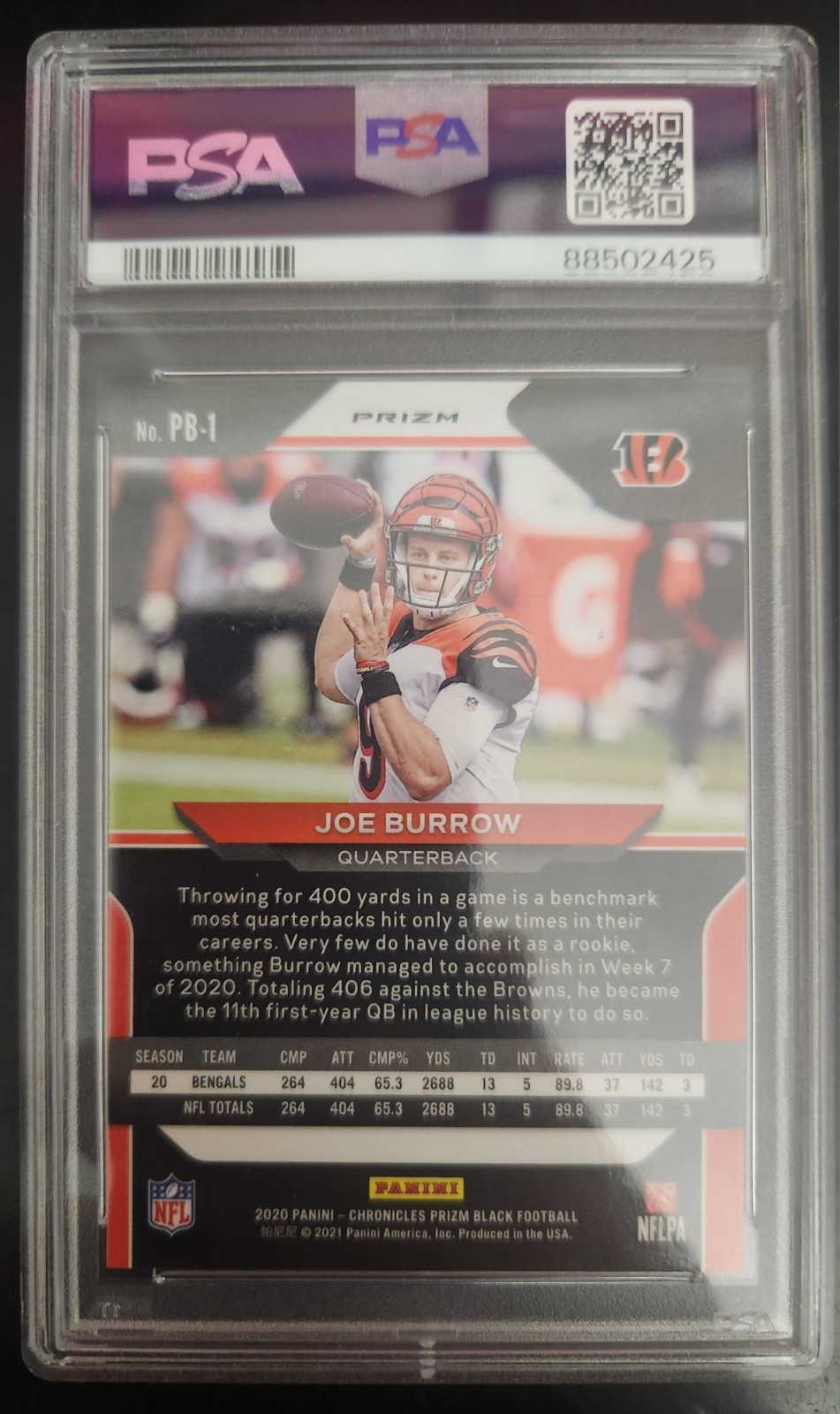 2020 Panini Chronicles Joe Burrow Prizm Black Silver RC #PB-1 PSA 9 view 2