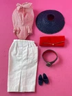 Vintage Barbie Busy Gal Shirt #981 White Skirt Straw Hat Belt Purse Blue Mules