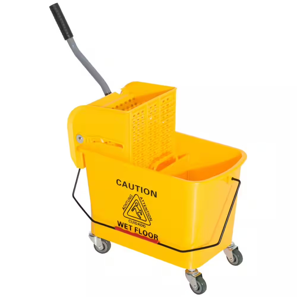 Mop Bucket Wringer Commercial Cleaning Yellow Plastic Rolling Wheels 5 Gallon